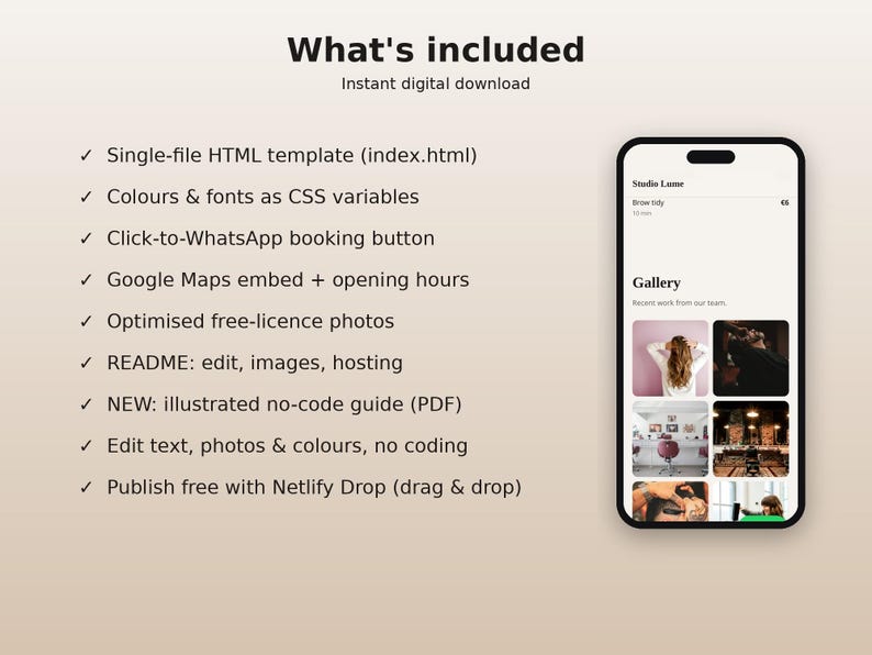 May include: A digital product listing titled What's included, featuring a list of features for an HTML template and a smartphone screen displaying a Studio Lume website interface with a gallery of images and a booking button.