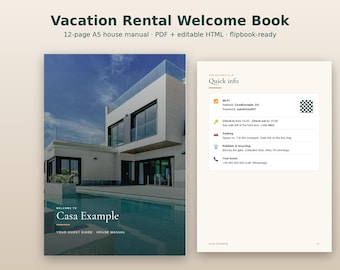 May include: A 12-page A5 vacation rental welcome book template featuring a cover with a modern house and swimming pool, and an interior page titled Quick info with sections for Wi-Fi, check-in, parking, recycling, and host contact details.
