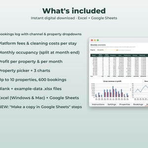 Puede incluir: Una plantilla de hoja de c&aacute;lculo digital para gesti&oacute;n de propiedades compatible con Excel y Google Sheets. La interfaz muestra una tabla de resumen mensual, gr&aacute;ficos de barras de ingresos frente a beneficios y ocupaci&oacute;n.