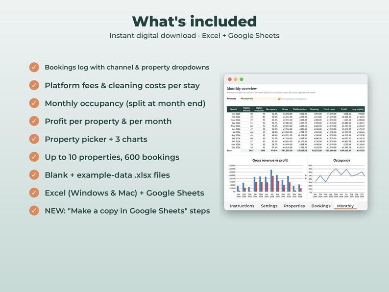 Puede incluir: Una plantilla de hoja de c&aacute;lculo digital para gesti&oacute;n de propiedades compatible con Excel y Google Sheets. La interfaz muestra una tabla de resumen mensual, gr&aacute;ficos de barras de ingresos frente a beneficios y ocupaci&oacute;n.