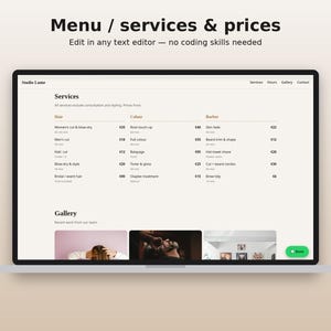 May include: A digital template for a salon website displayed on a laptop screen. The interface features a menu with services and prices categorized under Hair, Colour, and Barber, alongside a gallery section and a green booking button.