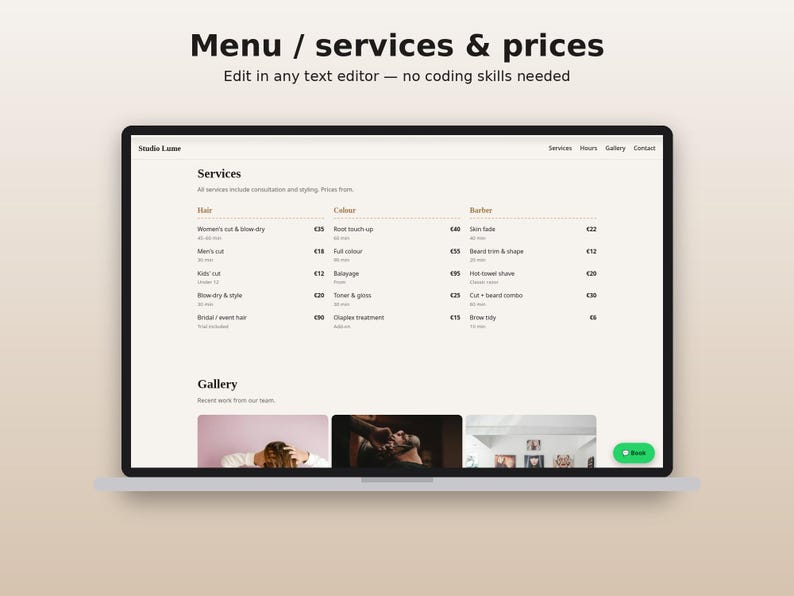 May include: A digital template for a salon website displayed on a laptop screen. The interface features a menu with services and prices categorized under Hair, Colour, and Barber, alongside a gallery section and a green booking button.