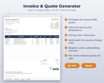May include: A digital invoice and quote generator template for Excel and Google Sheets. The interface displays a sample invoice for Studio Example Ltd with line items, VAT calculations, and a total of 2,180.13. Features include A4 printing, client lists, and EU VAT tracking.