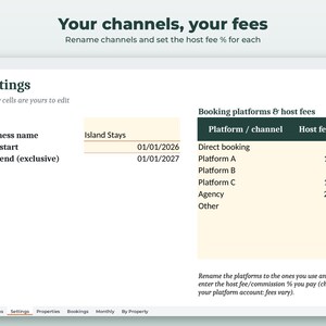 Puede incluir: Una interfaz de hoja de c&aacute;lculo digital titulada Settings con el texto Your channels, your fees. Muestra campos para Business name, Year start y Year end, junto a una tabla para Booking platforms & host fees con valores porcentuales.