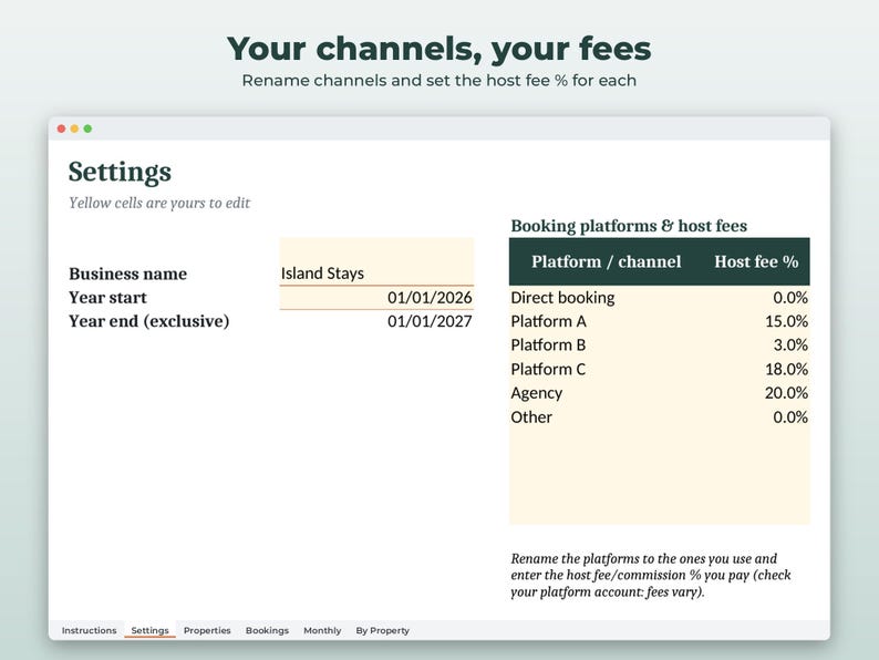 Puede incluir: Una interfaz de hoja de c&aacute;lculo digital titulada Settings con el texto Your channels, your fees. Muestra campos para Business name, Year start y Year end, junto a una tabla para Booking platforms & host fees con valores porcentuales.