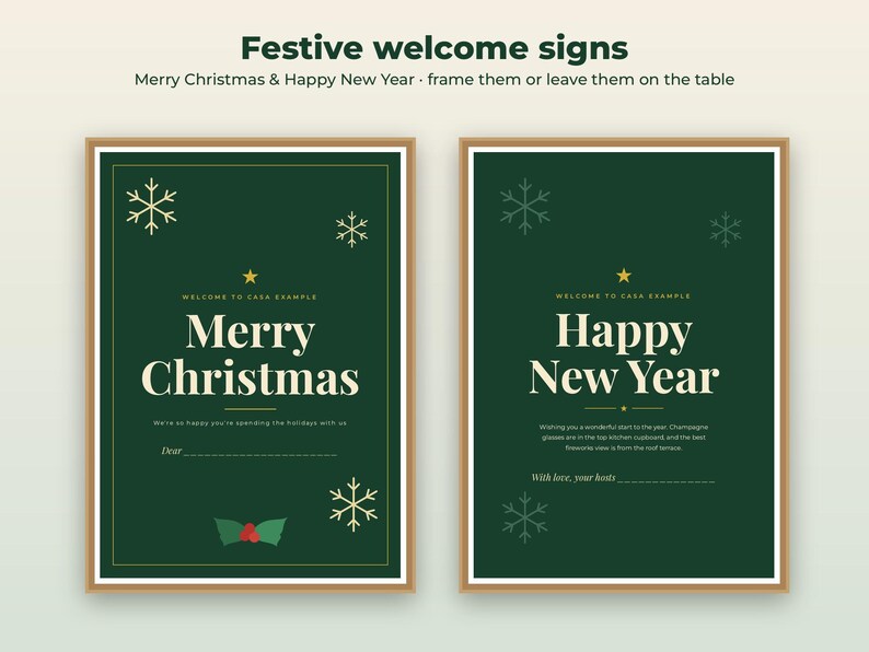 May include: Two rectangular signs with dark green backgrounds and thin gold borders. One sign reads Merry Christmas with snowflake icons and holly. The other reads Happy New Year with snowflake icons. Both feature text fields for names.