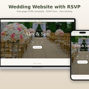 Könnte beinhalten: Ein Laptop und ein Smartphone zeigen eine Hochzeits-Website-Vorlage mit dem Text Wedding Website with RSVP, One-page HTML template, RSVP form, free hosting, Alex & Sam und RSVP by 1 May, inklusive eines floralen Gestecks.