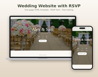 May include: A laptop and smartphone displaying a wedding website template with the text Wedding Website with RSVP, One-page HTML template, RSVP form, free hosting, Alex & Sam, and RSVP by 1 May, featuring a floral centerpiece and venue.