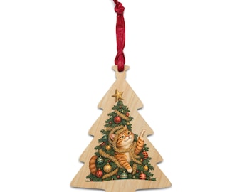 Weihnachtsbaumschmuck mit orangefarbener Katze, Baumschmuck aus Holz mit getigerter Katze, Katze in Christbaumkugel, Geschenkidee für Katzenliebhaber