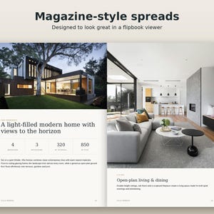 May include: A magazine-style spread featuring a modern home with a dark exterior and a large tree on the left page, and an open-plan living and dining area with a gray sofa, white coffee table, and black side table on the right page.