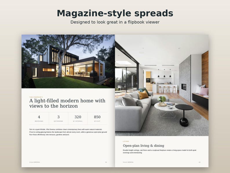 May include: A magazine-style spread featuring a modern home with a dark exterior and a large tree on the left page, and an open-plan living and dining area with a gray sofa, white coffee table, and black side table on the right page.