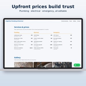 K&ouml;nnte beinhalten: Ein Laptop-Bildschirm zeigt eine Website f&uuml;r Brightline Plumbing & Electrical. Die Seite enth&auml;lt eine Tabelle mit Dienstleistungen und Preisen f&uuml;r Sanit&auml;r, Elektro und Notf&auml;lle sowie einen Galeriebereich und einen gr&uuml;nen Angebots-Button.