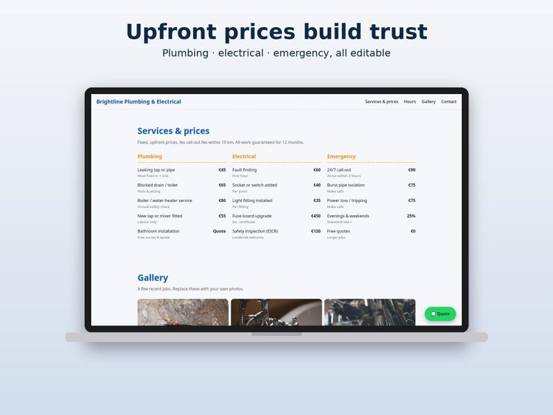 K&ouml;nnte beinhalten: Ein Laptop-Bildschirm zeigt eine Website f&uuml;r Brightline Plumbing & Electrical. Die Seite enth&auml;lt eine Tabelle mit Dienstleistungen und Preisen f&uuml;r Sanit&auml;r, Elektro und Notf&auml;lle sowie einen Galeriebereich und einen gr&uuml;nen Angebots-Button.