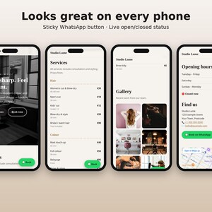 May include: Four smartphone screens displaying the Studio Lume website interface. The screens show a homepage with text 'Look sharp. Feel brilliant.', a services menu with pricing, a photo gallery, and an opening hours page with a map.