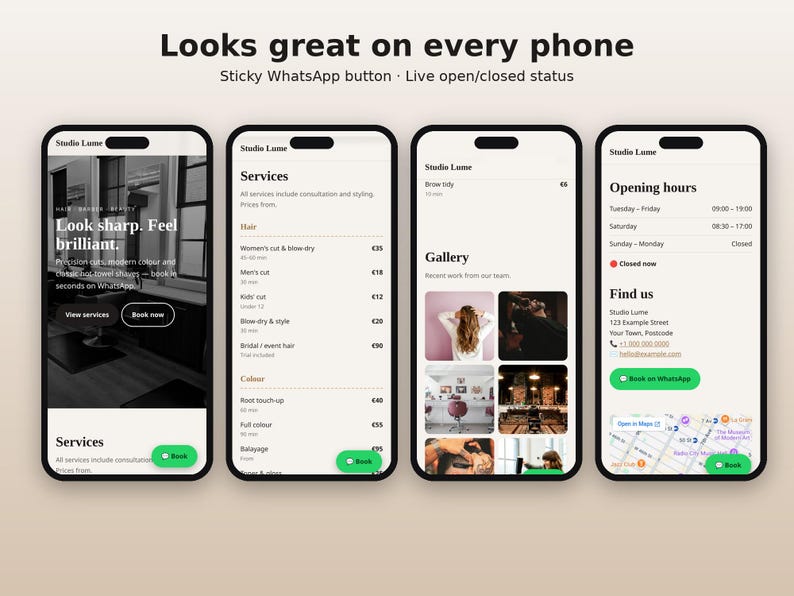 May include: Four smartphone screens displaying the Studio Lume website interface. The screens show a homepage with text 'Look sharp. Feel brilliant.', a services menu with pricing, a photo gallery, and an opening hours page with a map.