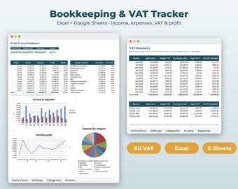 May include: A digital Bookkeeping & VAT Tracker spreadsheet interface for Excel and Google Sheets. The display features a Profit & Loss Dashboard with bar and line charts, a pie chart for expenses, and a detailed VAT Summary table with monthly data.