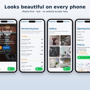 K&ouml;nnte beinhalten: Vier Smartphone-Bildschirme zeigen eine Website f&uuml;r Brightline Plumbing and Electrical. Die Ansichten umfassen eine Startseite zu Lecks und Fehlern, eine Serviceseite mit Preisen, eine Fotogalerie sowie eine Kontaktseite mit &Ouml;ffnungszeiten.