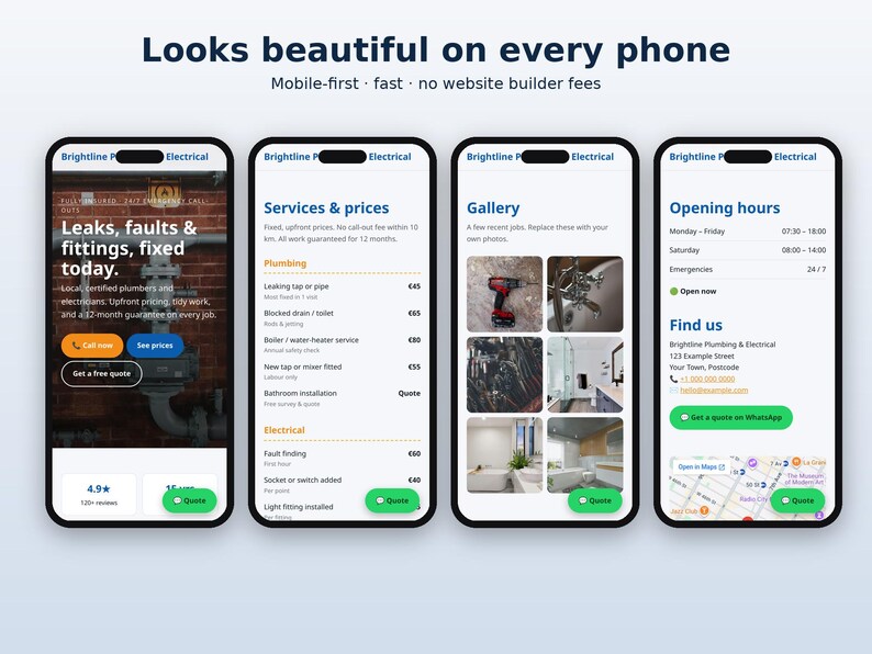 K&ouml;nnte beinhalten: Vier Smartphone-Bildschirme zeigen eine Website f&uuml;r Brightline Plumbing and Electrical. Die Ansichten umfassen eine Startseite zu Lecks und Fehlern, eine Serviceseite mit Preisen, eine Fotogalerie sowie eine Kontaktseite mit &Ouml;ffnungszeiten.