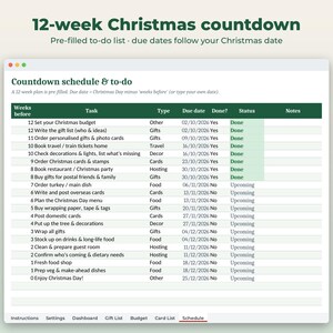 Pu&ograve; includere: Un foglio di calcolo digitale per il conto alla rovescia di Natale di 12 settimane con una lista di cose da fare. La tabella presenta colonne per settimane rimanenti, attivit&agrave;, tipo, scadenza, stato e note per i preparativi festivi.