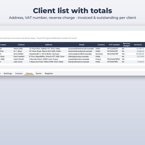 Może przedstawiać: Cyfrowy interfejs arkusza kalkulacyjnego zatytułowany Client list with totals, przedstawiający tabelę z kolumnami dla nazwy klienta, kontaktu, adresu, e-maila, kraju, numeru VAT, statusu odwrotnego obciążenia, zafakturowanych kwot i sald do zapłaty.