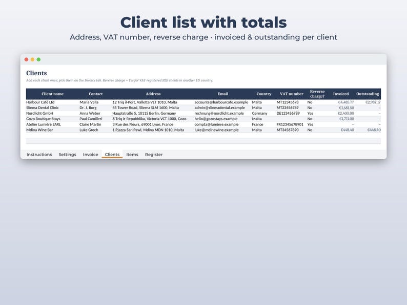 Może przedstawiać: Cyfrowy interfejs arkusza kalkulacyjnego zatytułowany Client list with totals, przedstawiający tabelę z kolumnami dla nazwy klienta, kontaktu, adresu, e-maila, kraju, numeru VAT, statusu odwrotnego obciążenia, zafakturowanych kwot i sald do zapłaty.