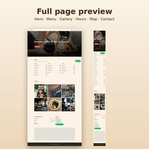 May include: A website template layout titled Full page preview featuring sections for Hero, Menu, Gallery, Hours, Map, and Contact. The design includes a coffee shop theme with images of lattes, a menu list, and a light beige color scheme.