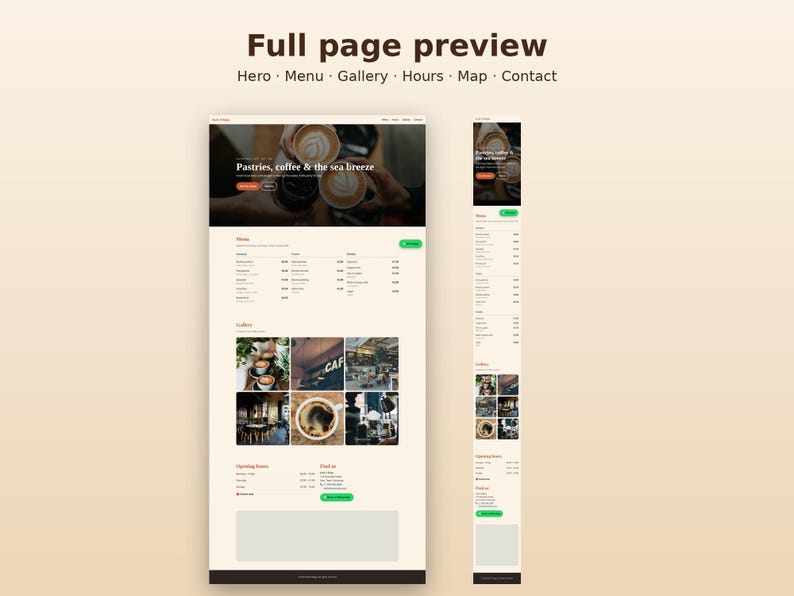 May include: A website template layout titled Full page preview featuring sections for Hero, Menu, Gallery, Hours, Map, and Contact. The design includes a coffee shop theme with images of lattes, a menu list, and a light beige color scheme.