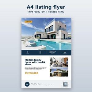 Op de afbeelding: Een A4-vastgoedflyer-sjabloon met een modern wit huis met zwembad, objectdetails waaronder 4 slaapkamers, 3 badkamers, 320 m2 woonoppervlak, energielabel A, de tekst Modern family home with pool & views en contactgegevens.