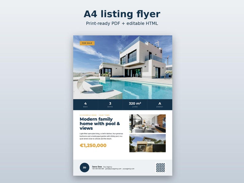 Op de afbeelding: Een A4-vastgoedflyer-sjabloon met een modern wit huis met zwembad, objectdetails waaronder 4 slaapkamers, 3 badkamers, 320 m2 woonoppervlak, energielabel A, de tekst Modern family home with pool & views en contactgegevens.