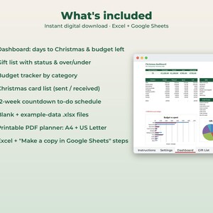Pu&ograve; includere: Un pianificatore natalizio digitale per Excel e Google Sheets con dashboard, lista regali, budget tracker, lista biglietti e programma di 12 settimane. Include file PDF stampabili in formato A4 e US Letter con istruzioni per l'uso.