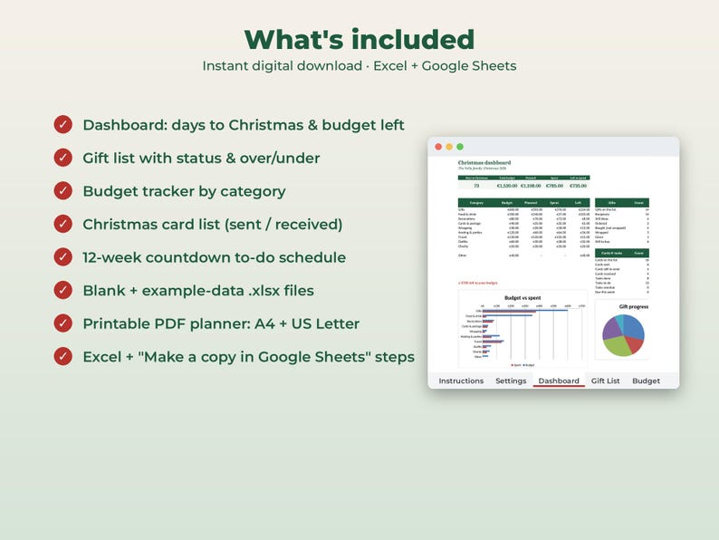 Pu&ograve; includere: Un pianificatore natalizio digitale per Excel e Google Sheets con dashboard, lista regali, budget tracker, lista biglietti e programma di 12 settimane. Include file PDF stampabili in formato A4 e US Letter con istruzioni per l'uso.