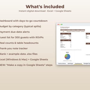 May include: A digital wedding planning spreadsheet template for Excel and Google Sheets. The interface displays a dashboard with a countdown, budget tracker, payment alerts, guest list, meal counts, and a pie chart for RSVPs.