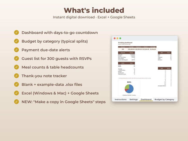 May include: A digital wedding planning spreadsheet template for Excel and Google Sheets. The interface displays a dashboard with a countdown, budget tracker, payment alerts, guest list, meal counts, and a pie chart for RSVPs.