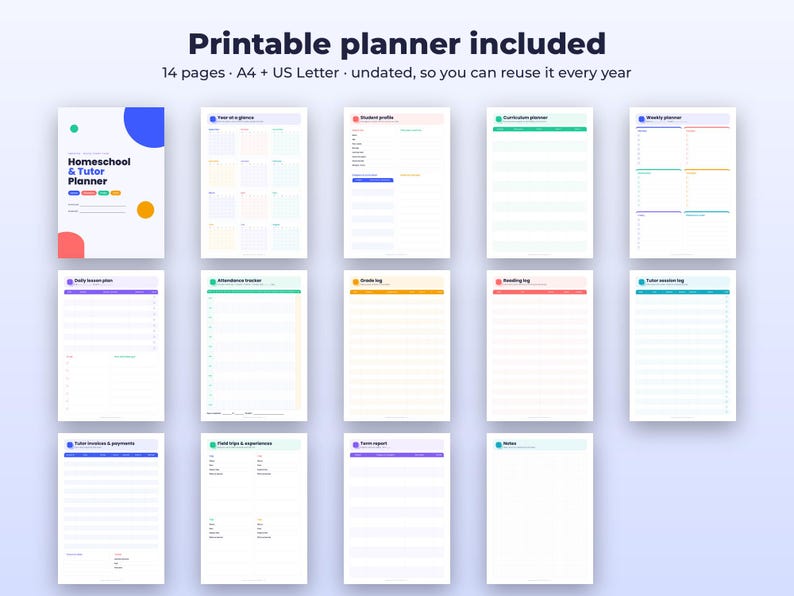 Homeschool Planner Spreadsheet | Lesson Log, Attendance and Grade Tracker | Tutor Invoices | Google Sheets Excel + Printable PDF image 7