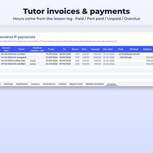 Homeschool Planner Spreadsheet | Lesson Log, Attendance and Grade Tracker | Tutor Invoices | Google Sheets Excel + Printable PDF image 5