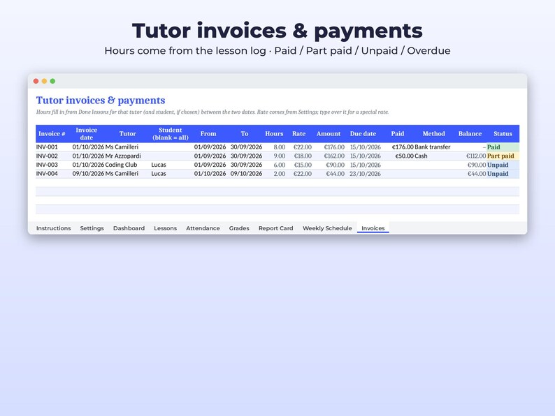 Homeschool Planner Spreadsheet | Lesson Log, Attendance and Grade Tracker | Tutor Invoices | Google Sheets Excel + Printable PDF image 5