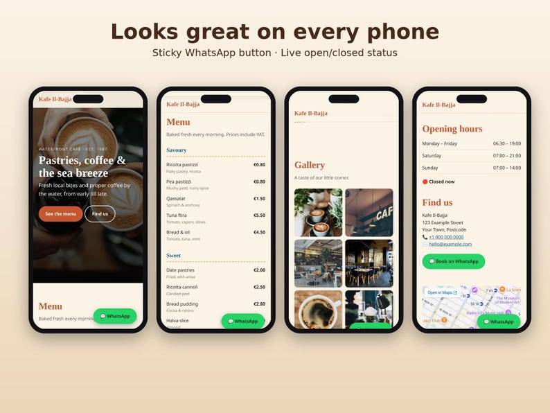 May include: Four smartphone screens displaying a cafe website interface with a cream and brown color scheme. The screens show a home page with coffee imagery, a food menu, a photo gallery, and an opening hours page with a WhatsApp button.