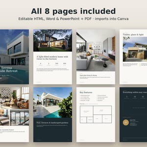 May include: A digital template set featuring eight pages of real estate marketing materials. The layout includes architectural photography, floor plan diagrams, and text sections titled Villa Serena, Key features, and Timber, glass & light.