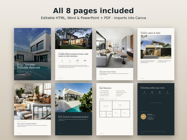 May include: A digital template set featuring eight pages of real estate marketing materials. The layout includes architectural photography, floor plan diagrams, and text sections titled Villa Serena, Key features, and Timber, glass & light.