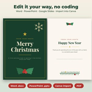 May include: Two digital greeting cards with text. The left card is dark green with gold text reading Merry Christmas, a snowflake, and holly. The right card is cream with text reading Happy New Year, holly, and a pine branch graphic.