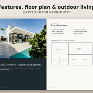 May include: A two-page brochure spread titled Features, floor plan & outdoor living. The left page shows a modern villa with a pool and garden. The right page lists key features and a floor plan diagram with labels for living, dining, kitchen, study, utility, entrance, and WC.
