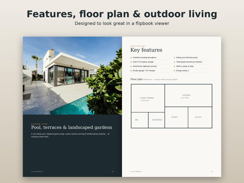 May include: A two-page brochure spread titled Features, floor plan & outdoor living. The left page shows a modern villa with a pool and garden. The right page lists key features and a floor plan diagram with labels for living, dining, kitchen, study, utility, entrance, and WC.