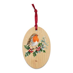 Weihnachtsbaumschmuck mit Rotkehlchen, handbemalte Holzkugel im Rotkehlchen-Look, winterlicher Baumschmuck, Weihnachtsgeschenk für Vogelliebhaber