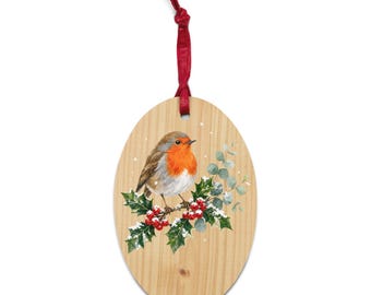 Weihnachtsbaumschmuck mit Rotkehlchen, handbemalte Holzkugel im Rotkehlchen-Look, winterlicher Baumschmuck, Weihnachtsgeschenk für Vogelliebhaber