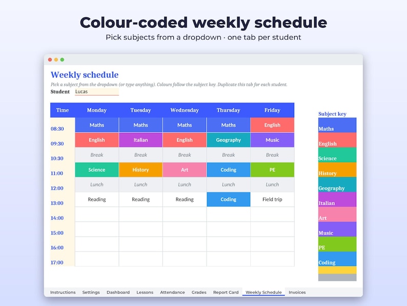 Homeschool Planner Spreadsheet | Lesson Log, Attendance and Grade Tracker | Tutor Invoices | Google Sheets Excel + Printable PDF image 4