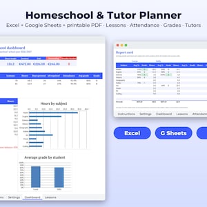Könnte beinhalten: Ein digitaler Homeschool & Tutor Planer auf zwei Bildschirmen, verfügbar als Excel, Google Sheets und PDF. Die Benutzeroberfläche zeigt ein Dashboard mit Schülerdaten, Unterrichtsstunden, Anwesenheit und Noten.