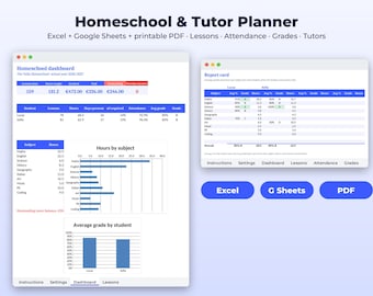 Puede incluir: Un planificador digital para educación en casa y tutores en dos pantallas, en formatos Excel, Google Sheets y PDF. La interfaz muestra un panel con datos de estudiantes, horas de lecciones, asistencia y notas.