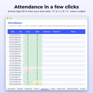 Homeschool Planner Spreadsheet | Lesson Log, Attendance and Grade Tracker | Tutor Invoices | Google Sheets Excel + Printable PDF image 2