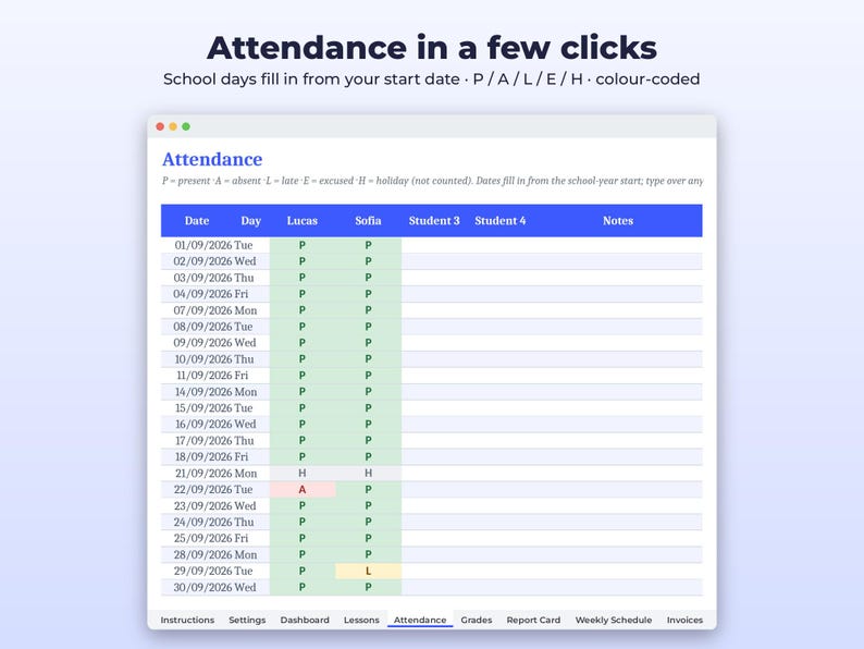 Homeschool Planner Spreadsheet | Lesson Log, Attendance and Grade Tracker | Tutor Invoices | Google Sheets Excel + Printable PDF image 2