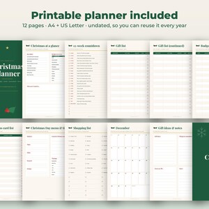 Pu&ograve; includere: Un set di planner natalizio stampabile composto da dodici pagine con copertine verde scuro e fogli interni color crema. Le pagine includono sezioni per un conto alla rovescia di 12 settimane, liste regali, budget, menu, liste della spesa e un calendario.